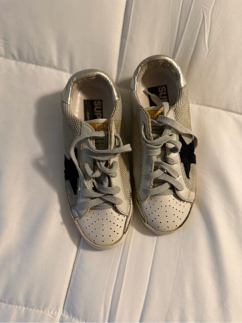 Golden Goose Super-Star Silver Metallic Black Star Sneakers size 35